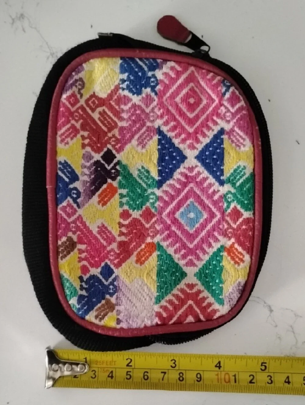 Colorful Geometric Embroidered Coin Pouch - Pink Multicolor